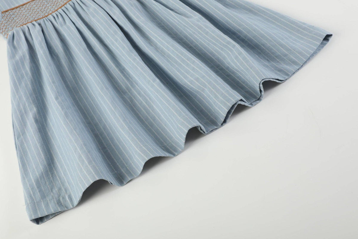 Blue Pinstripe Brown Smocked Ruffle Collar Dress