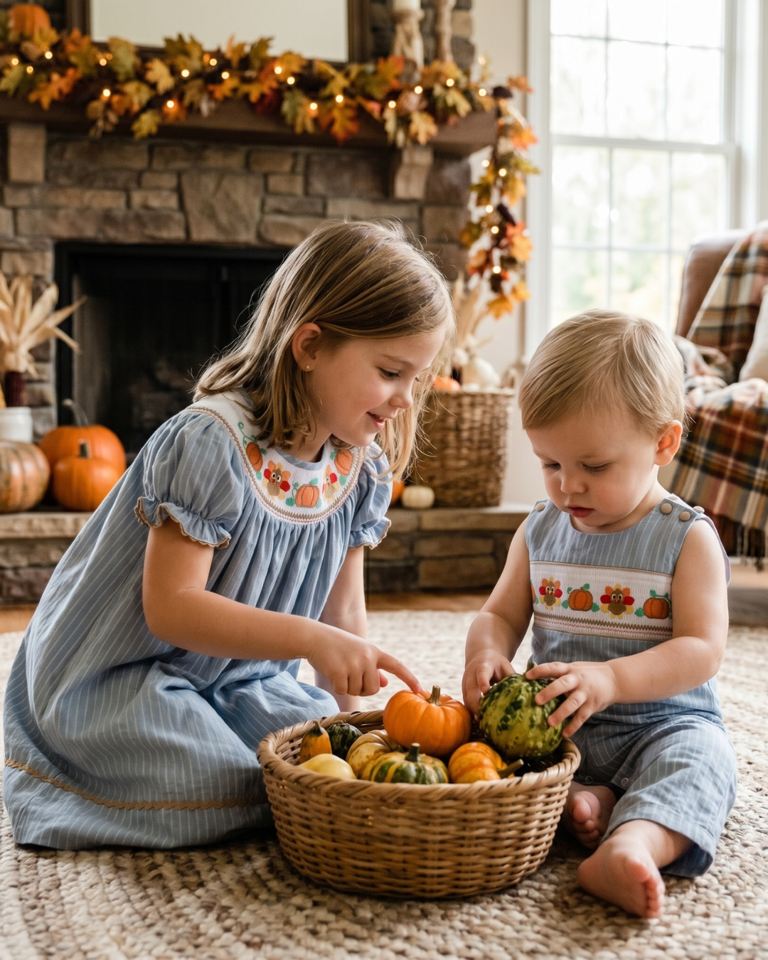 Light Blue Pinstripe Turkey Smocked Overalls