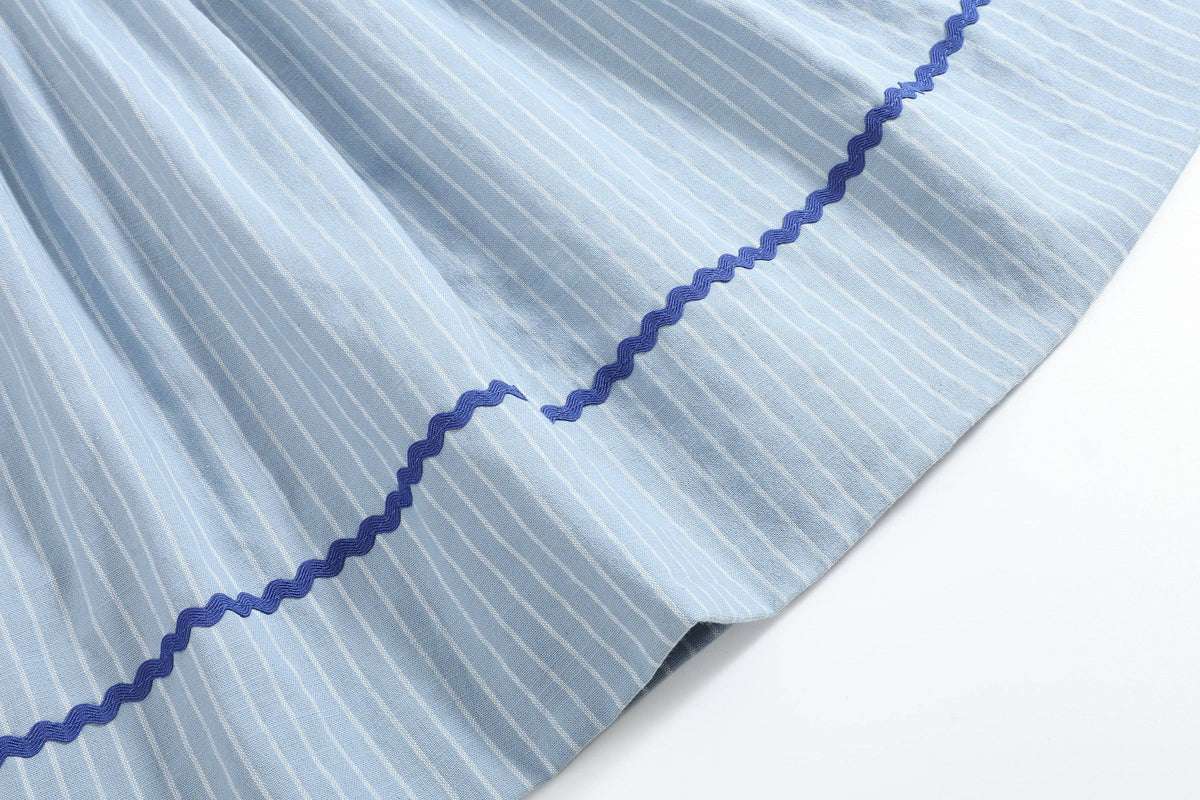 Blue Pinstripe Mallard Duck Smocked Bishop Dress