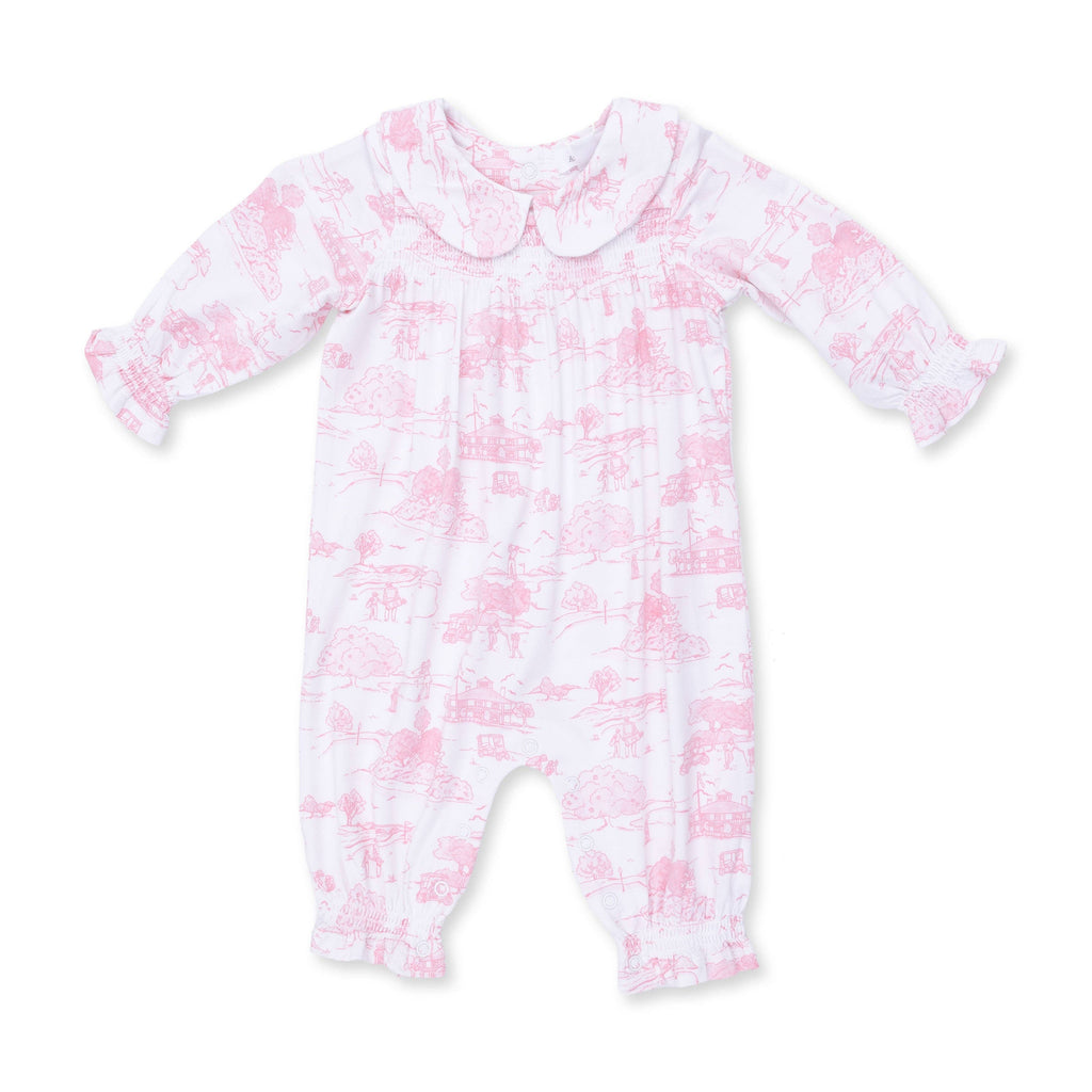 Golf Toile Pink - Smocked Long Sleeve Romper