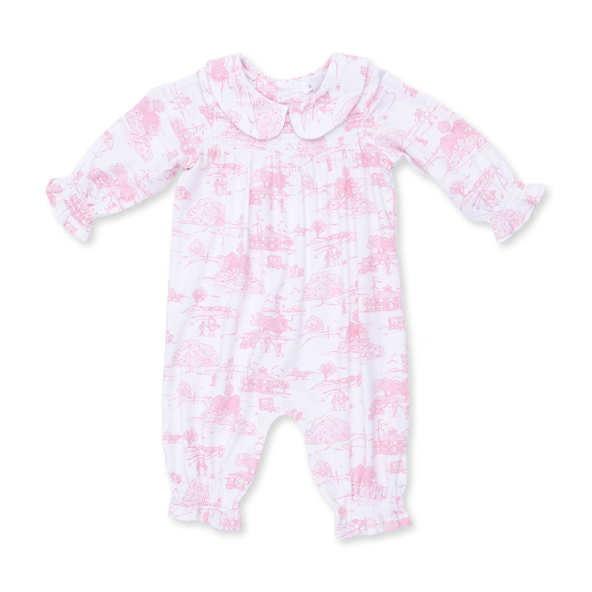 Golf Toile Pink - Smocked Long Sleeve Romper