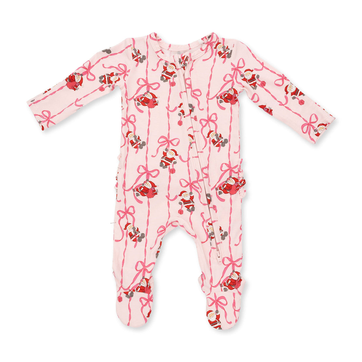 Bows & Santa - 2 Way Ruffle Back Zipper Footie