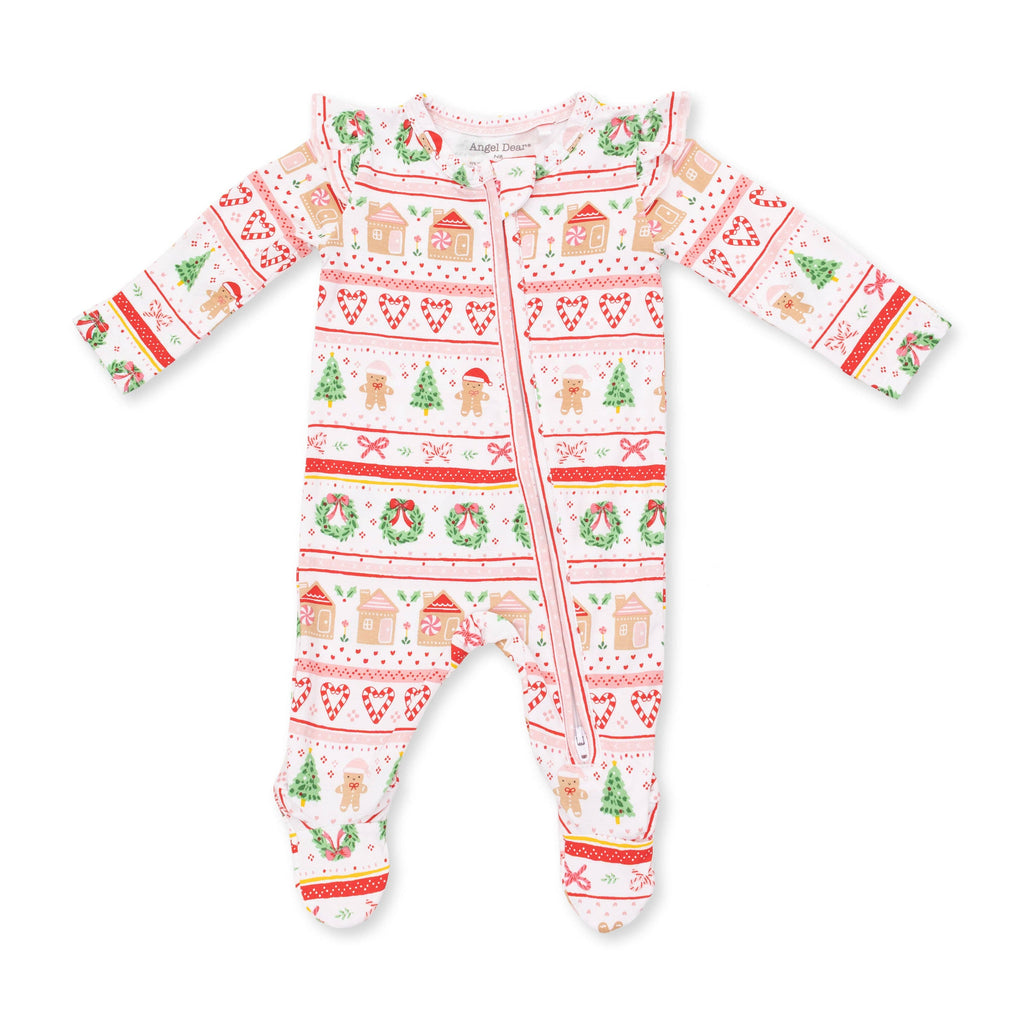 Gingerbread Fair Isle Pink - 2 Way Ruffle Sleeve Zipper Footie
