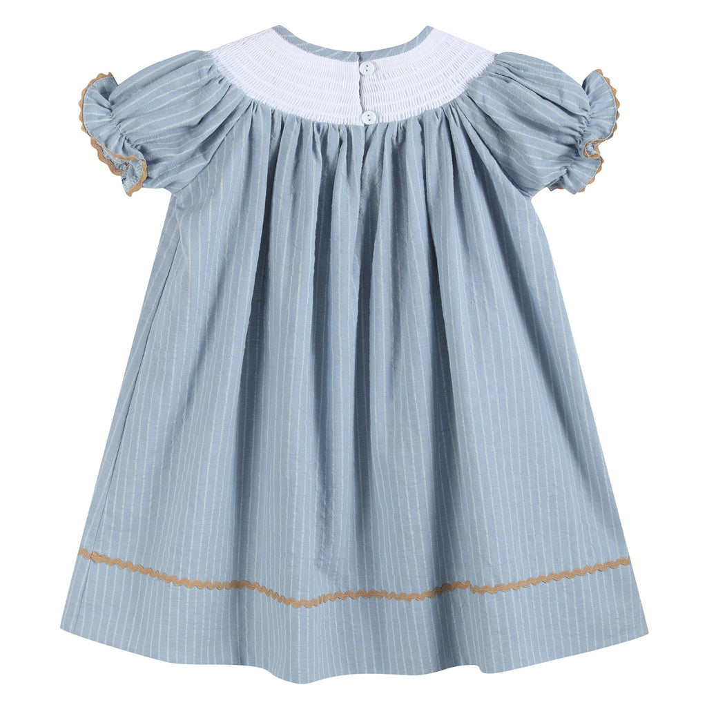 Light Blue Pinstripe Turkey Smocked Bishop Dress