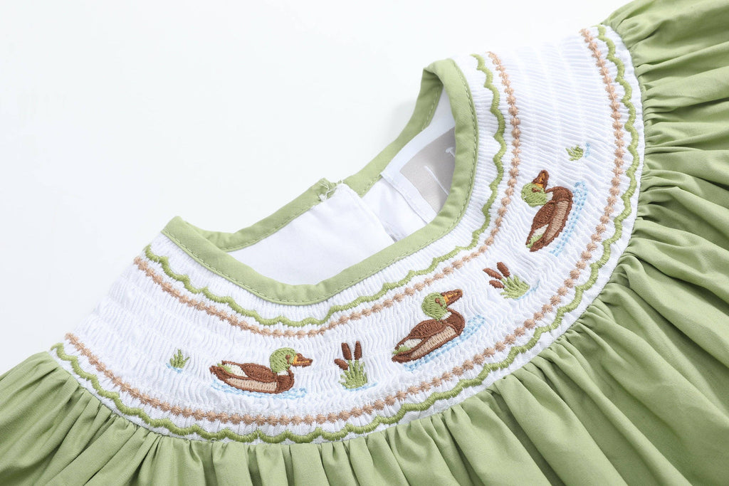 Pistachio Green Mallard Duck Smocked Bishop Dress