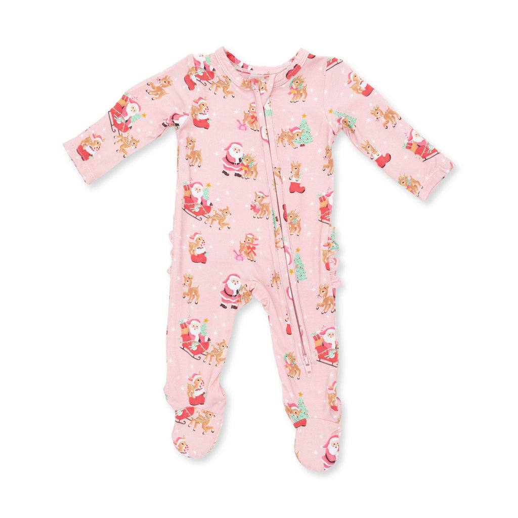 Vintage Reindeer & Santa Pink - 2 Way Ruffle Back Zipper Footie