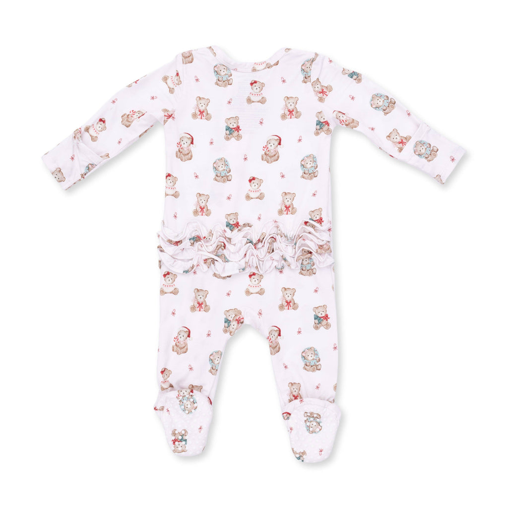 Christmas Teddy Bears Pink - 2 Way Ruffle Back Zipper Footie
