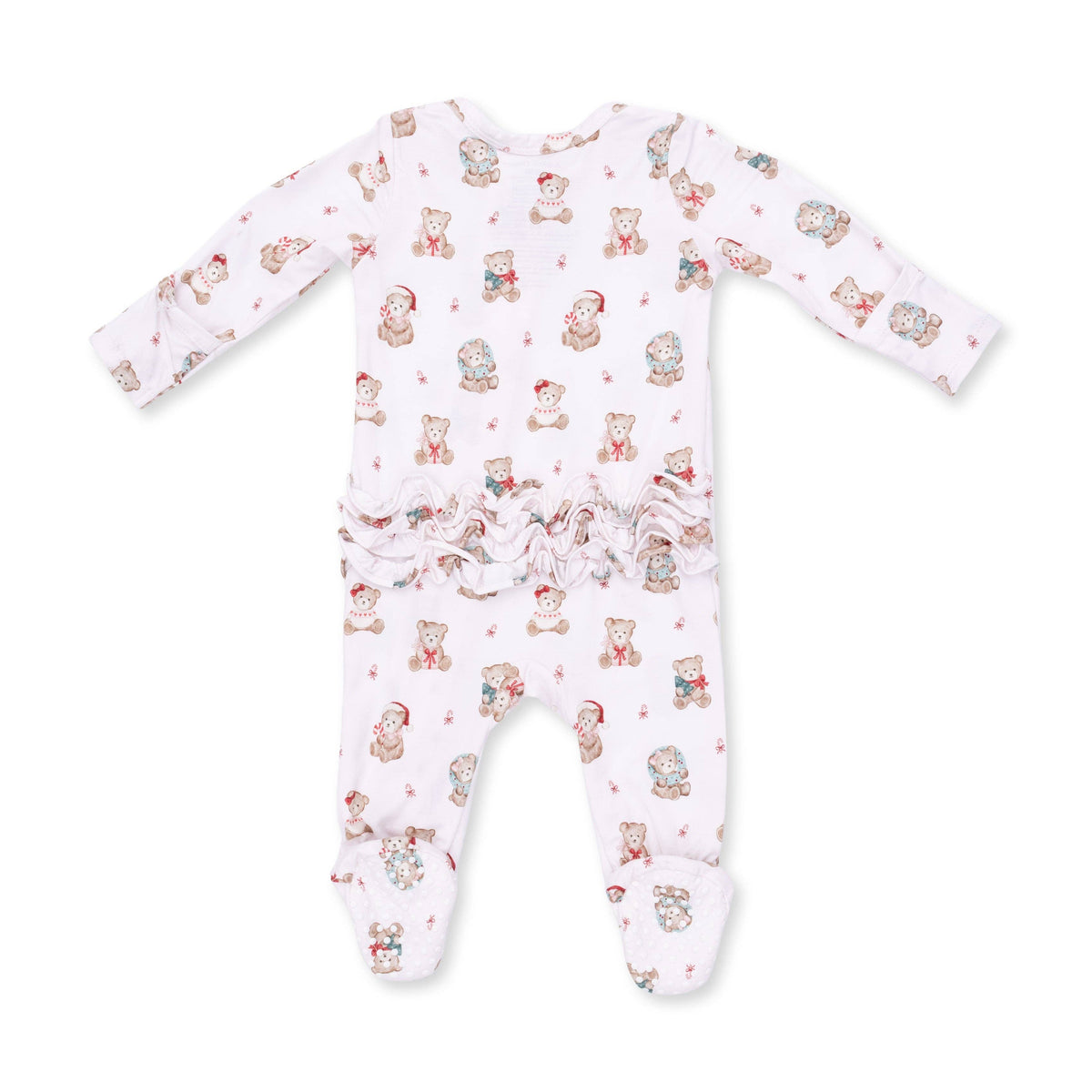 Christmas Teddy Bears Pink - 2 Way Ruffle Back Zipper Footie