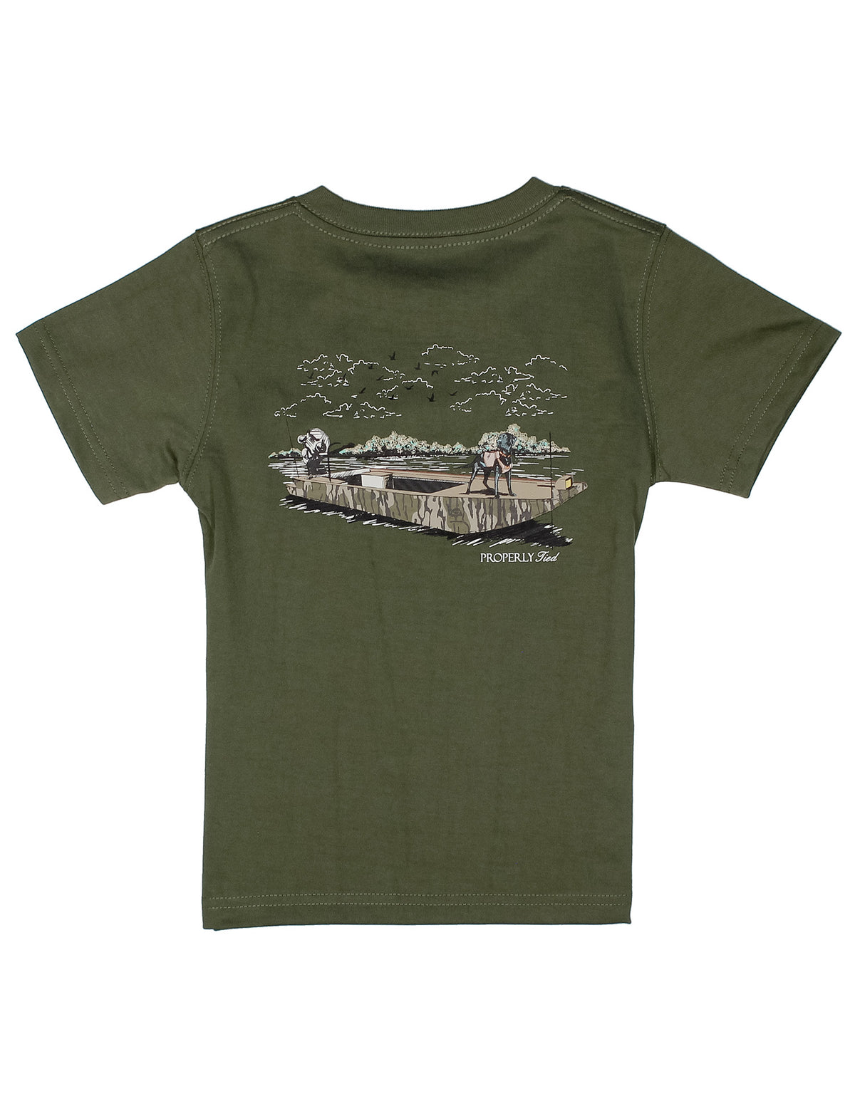 Properly tied- Boys Short Sleeve T Shirt- Mossy Oak Boat Ride