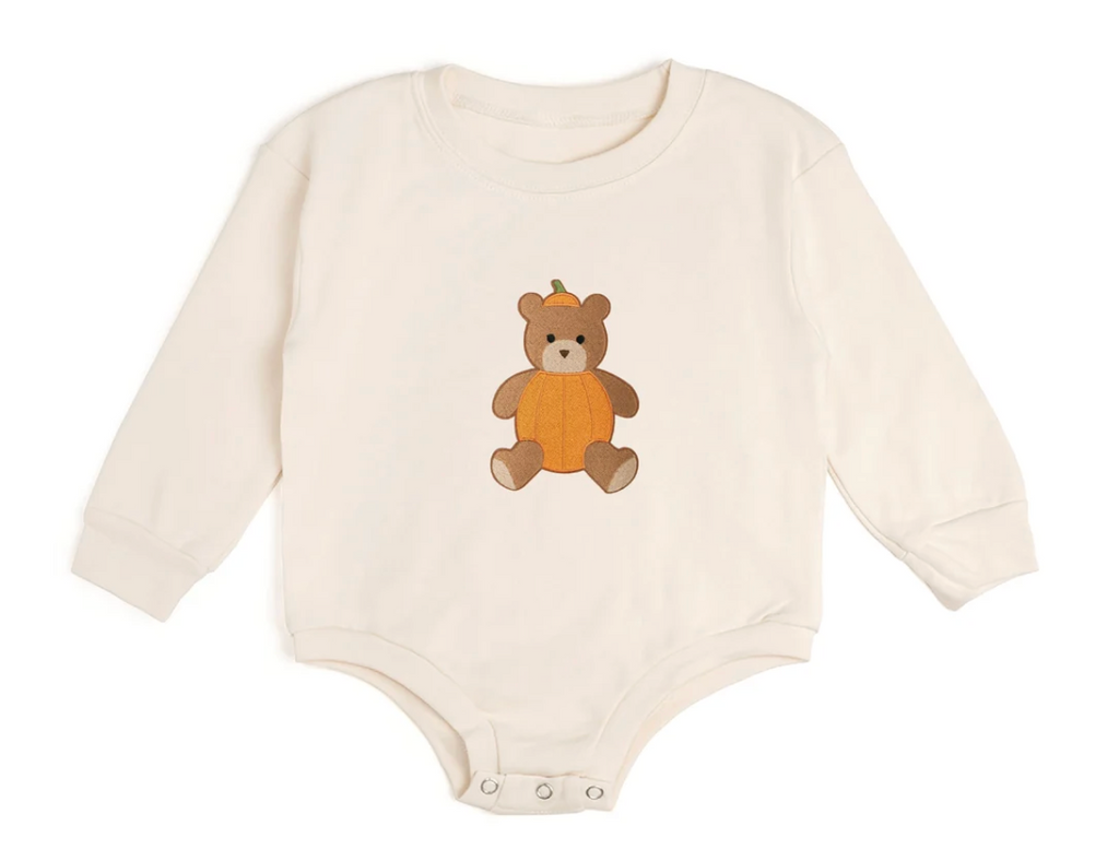 Pumpkin Teddy Bear Patch Long Sleeve Romper