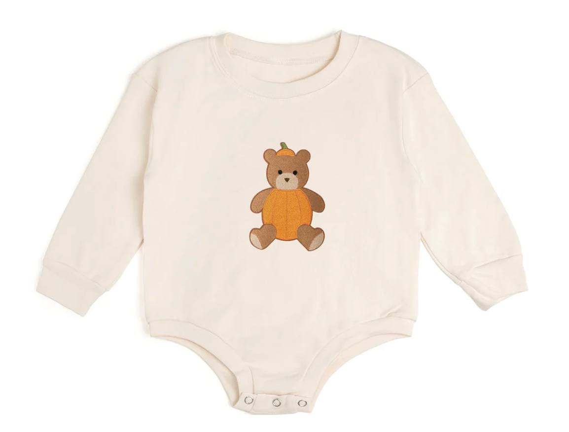 Pumpkin Teddy Bear Patch Long Sleeve Romper