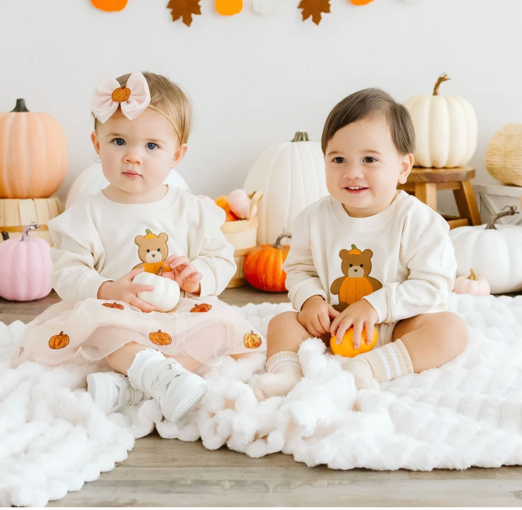 Pumpkin Teddy Bear Patch Long Sleeve Romper