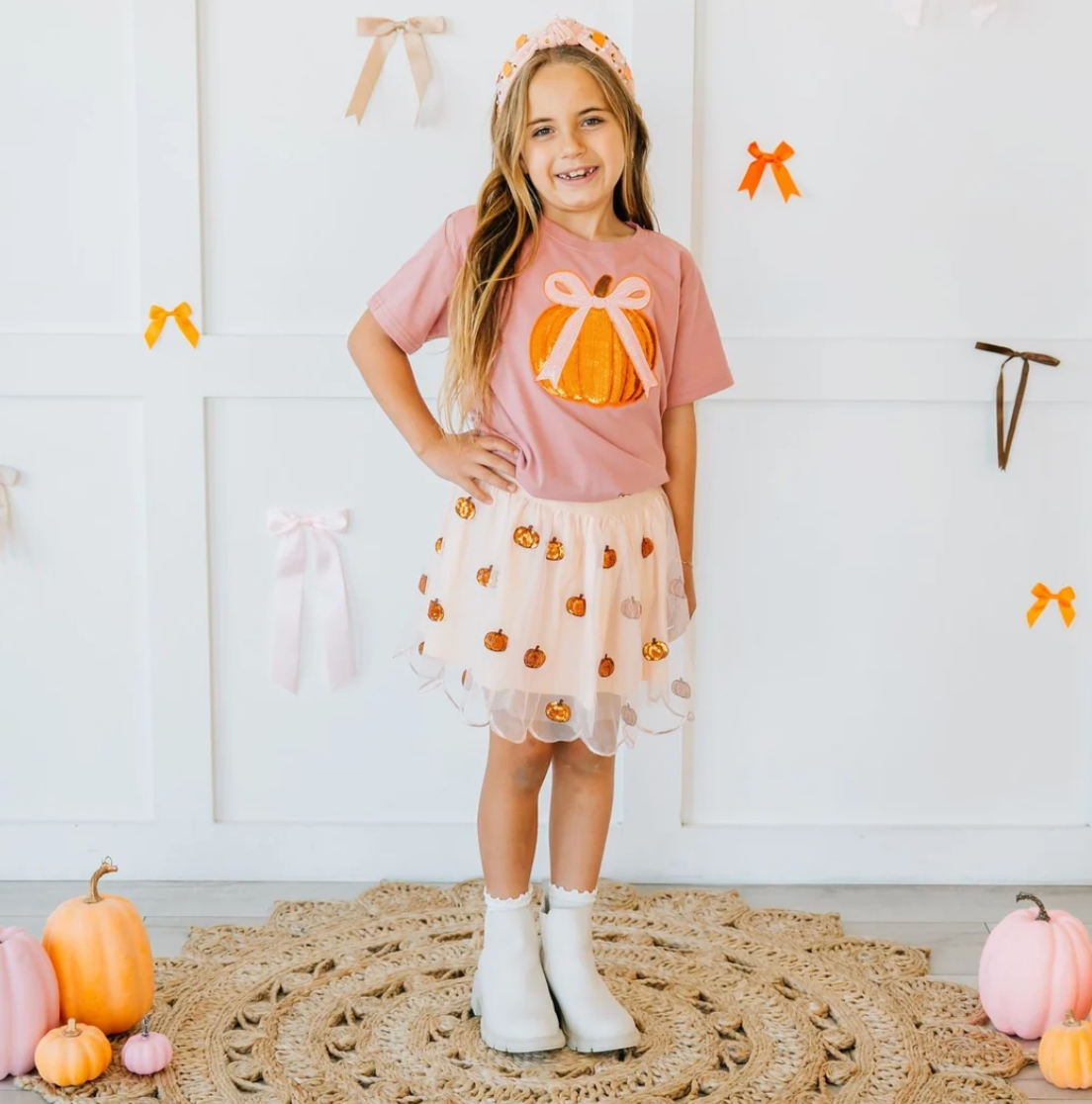 Coquette Pumpkin Sequin Patch Short Sleeve T-Shirt