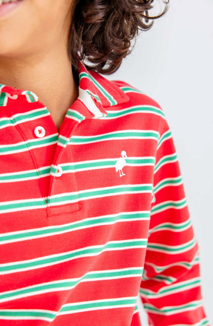The Beaufort Bonnet Company- Long Sleeve Prim & Proper Polo- Red and Green Stripe
