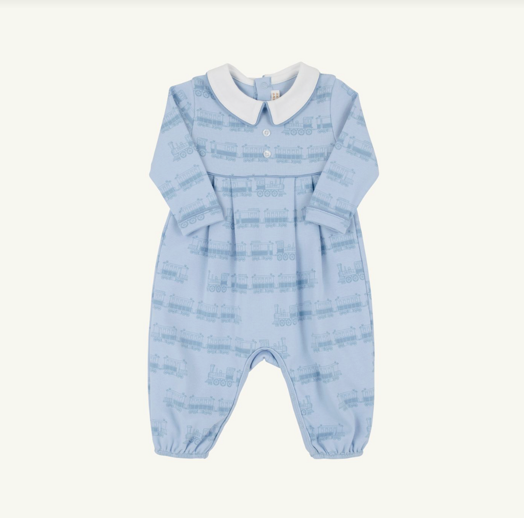 The Beaufort Bonnet Company- Long Sleeve Bradford Romper Blue Choo Choos