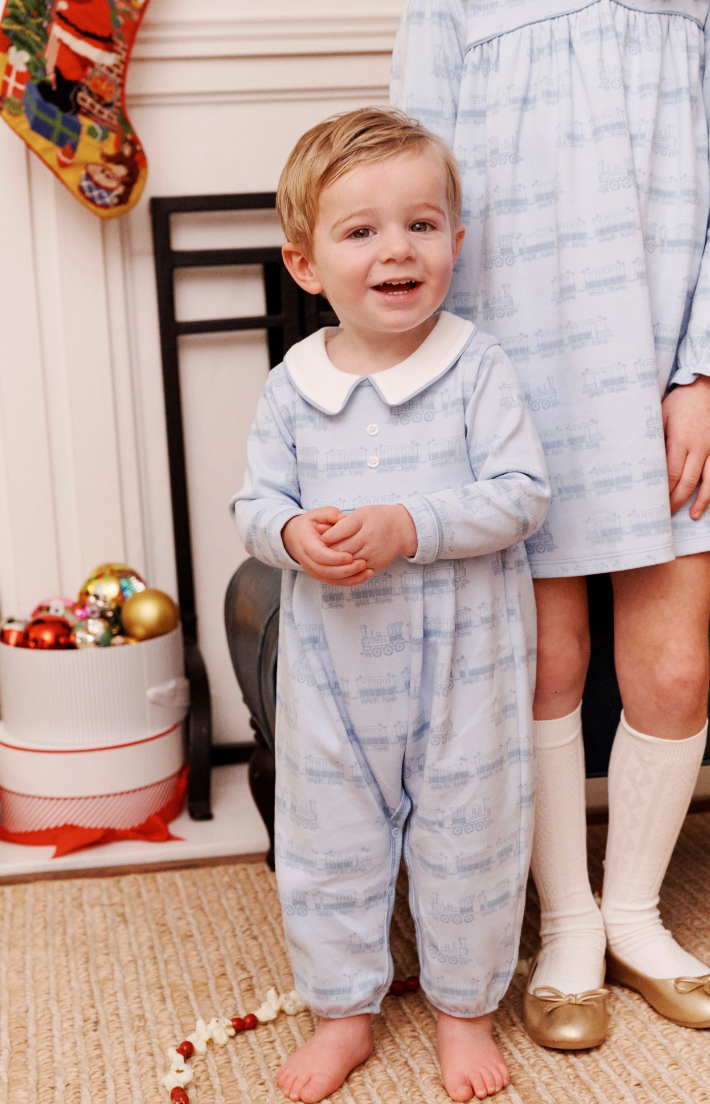 The Beaufort Bonnet Company- Long Sleeve Bradford Romper Blue Choo Choos