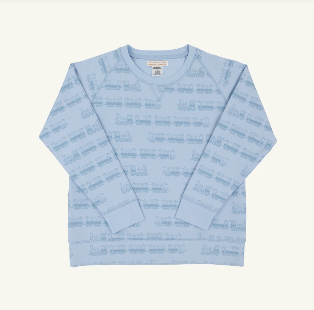 The Beaufort Bonnet Company- Cassidy Comfy Crewneck Blue Choo Choos