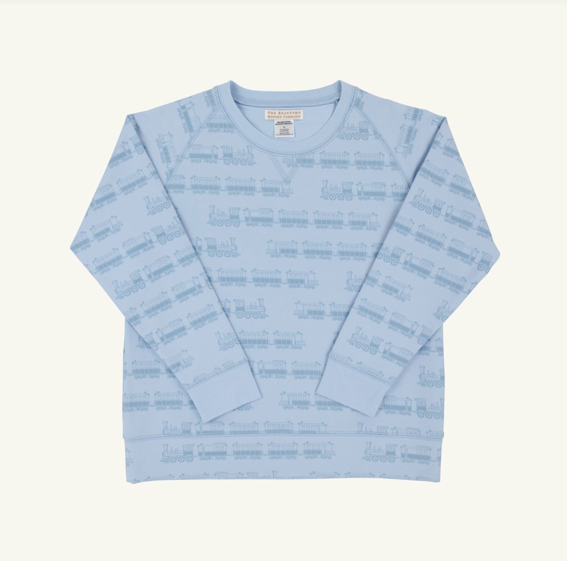 The Beaufort Bonnet Company- Cassidy Comfy Crewneck Blue Choo Choos