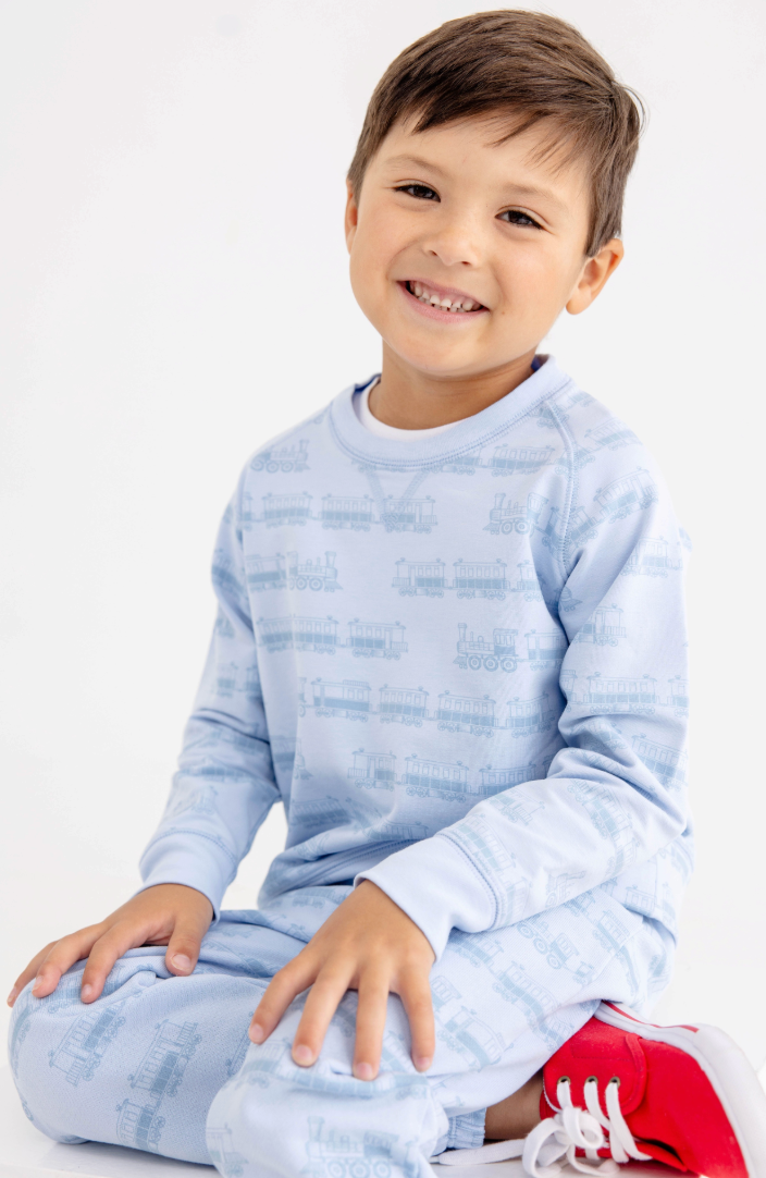 The Beaufort Bonnet Company- Cassidy Comfy Crewneck Blue Choo Choos