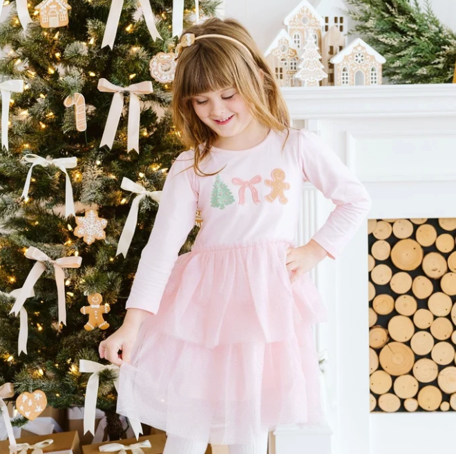 Gingerbread Embroidered Christmas Long Sleeve Tutu Dress