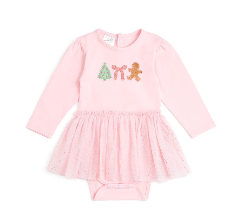 Gingerbread Embroidered Christmas Long Sleeve Tutu Bodysuit