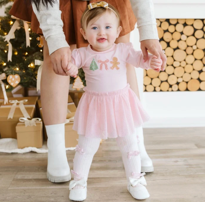 Gingerbread Embroidered Christmas Long Sleeve Tutu Bodysuit