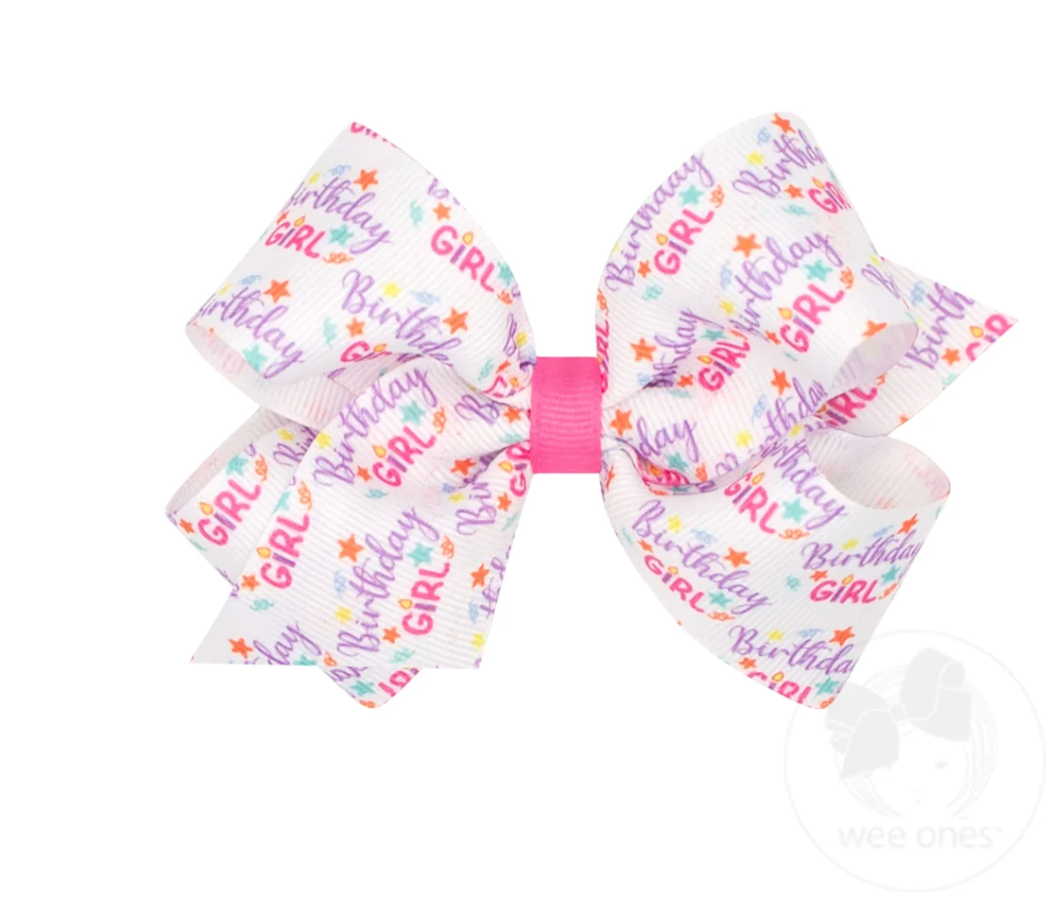 Medium Birthday Girl Print Grosgrain Hair Bow