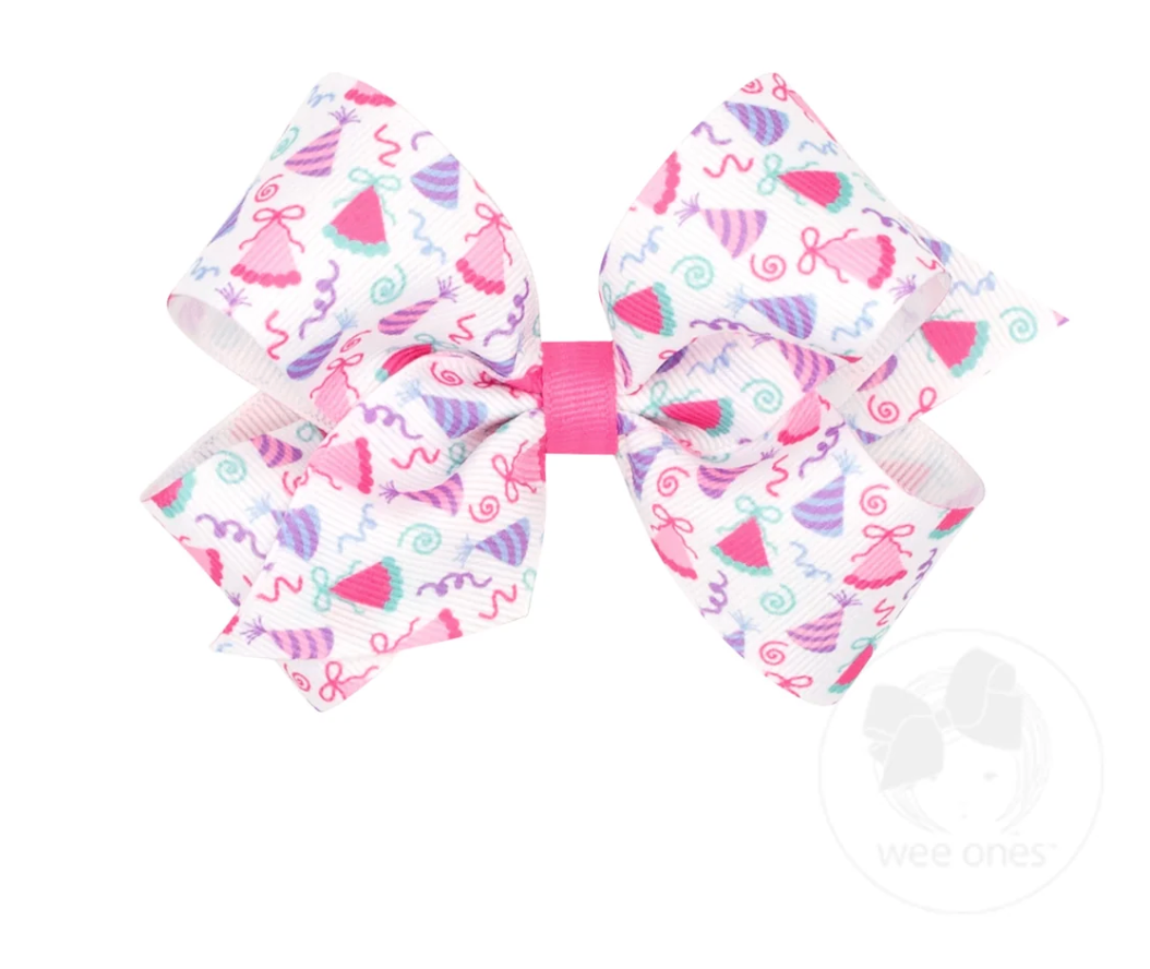 Medium Birthday Hat Print Grosgrain Hair Bow