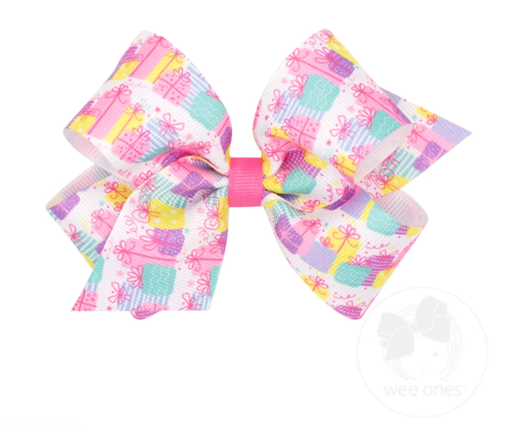 Medium Birthday Gift Print Grosgrain Hair Bow