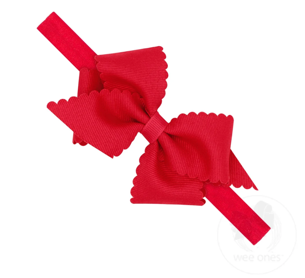 Extra Small Scalloped Edge Grosgrain Hair Bow on Matching Elastic Band