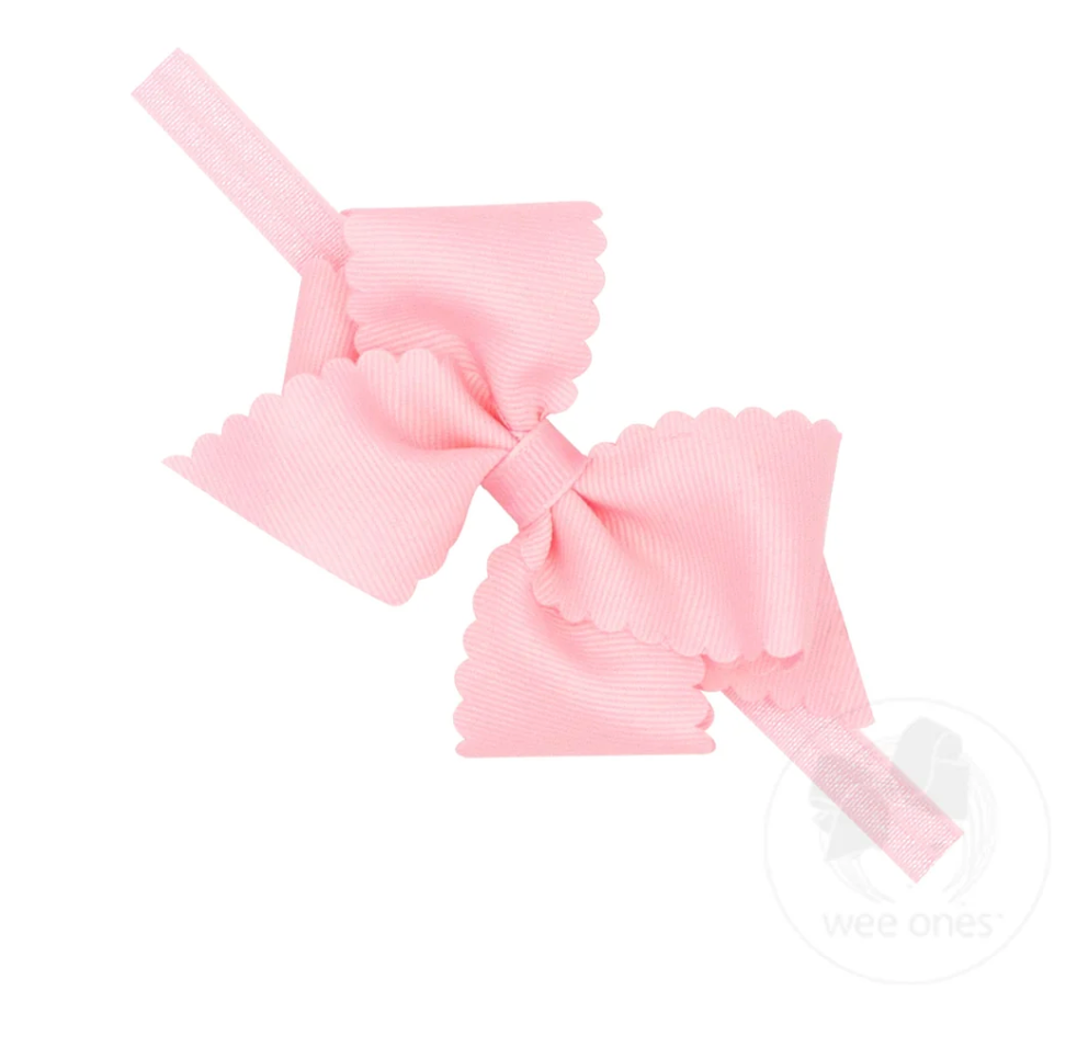 Extra Small Scalloped Edge Grosgrain Hair Bow on Matching Elastic Band