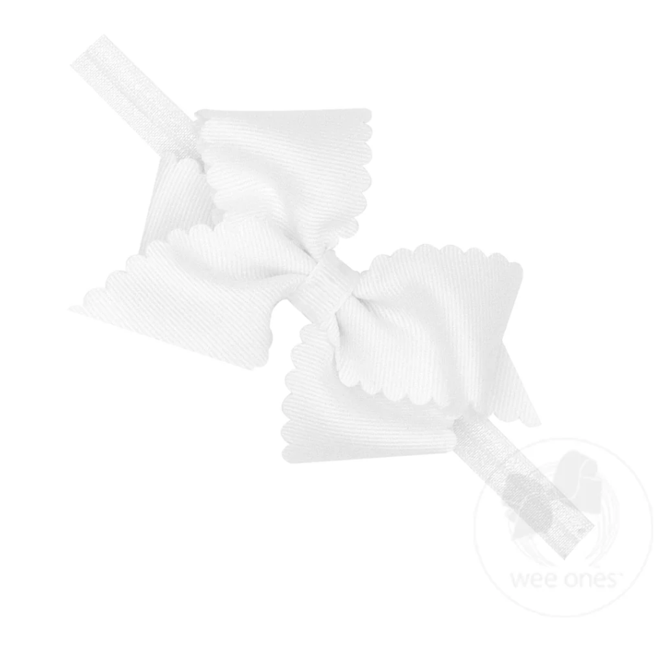 Extra Small Scalloped Edge Grosgrain Hair Bow on Matching Elastic Band