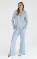 Powder Blue Stripe Women's Long Sleeve Ruffle Set