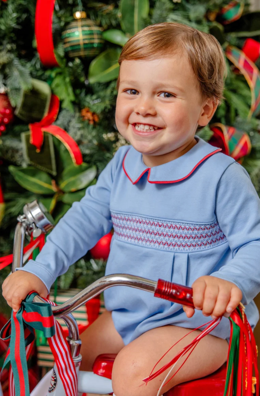 Long Sleeve Bradford Bubble- Barrington Blue with Richmond Red Smocking