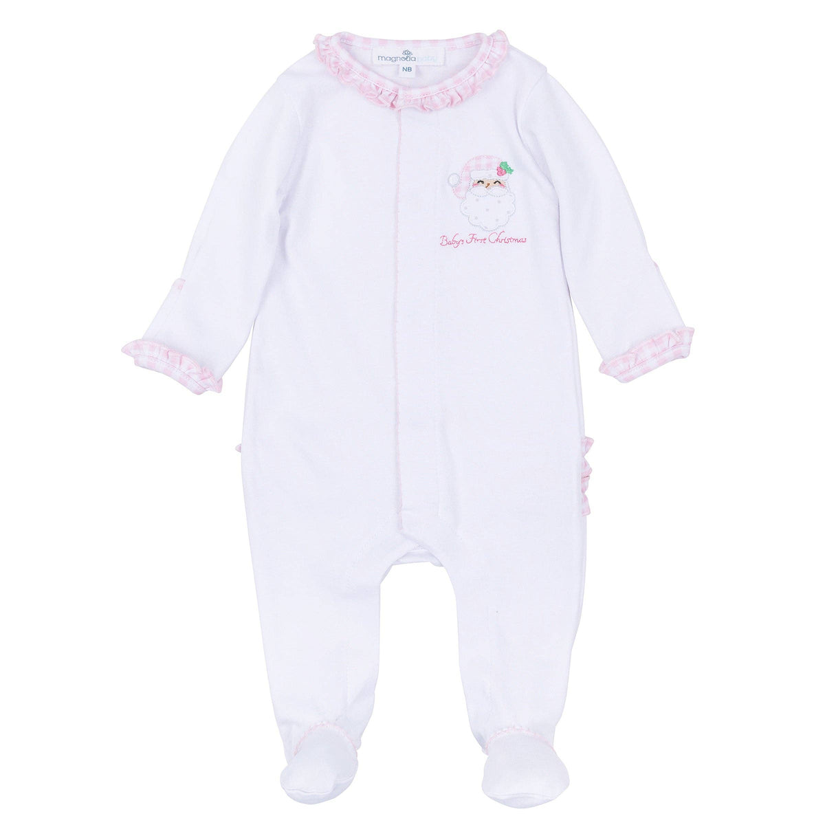 Sweet St Nick Applique Baby's First Christmas Ruffle Footie - Pink