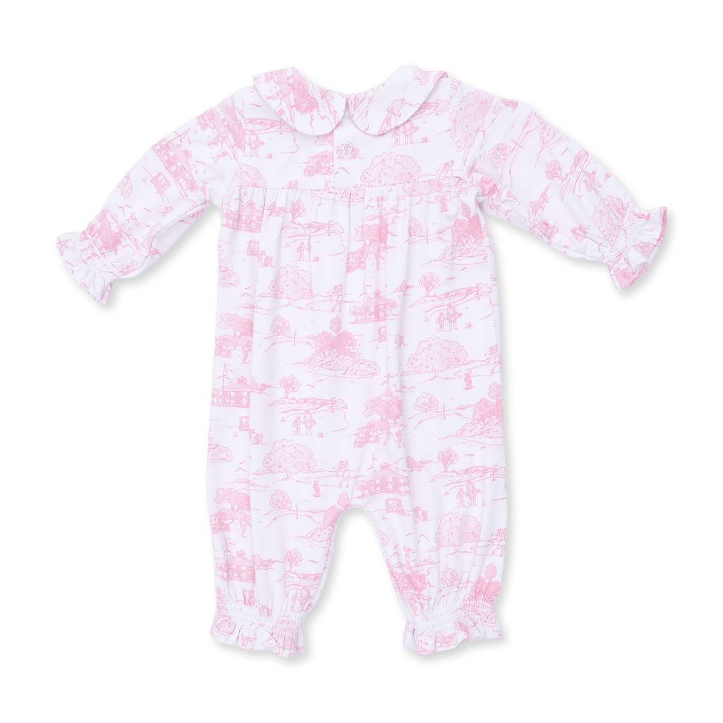 Golf Toile Pink - Smocked Long Sleeve Romper