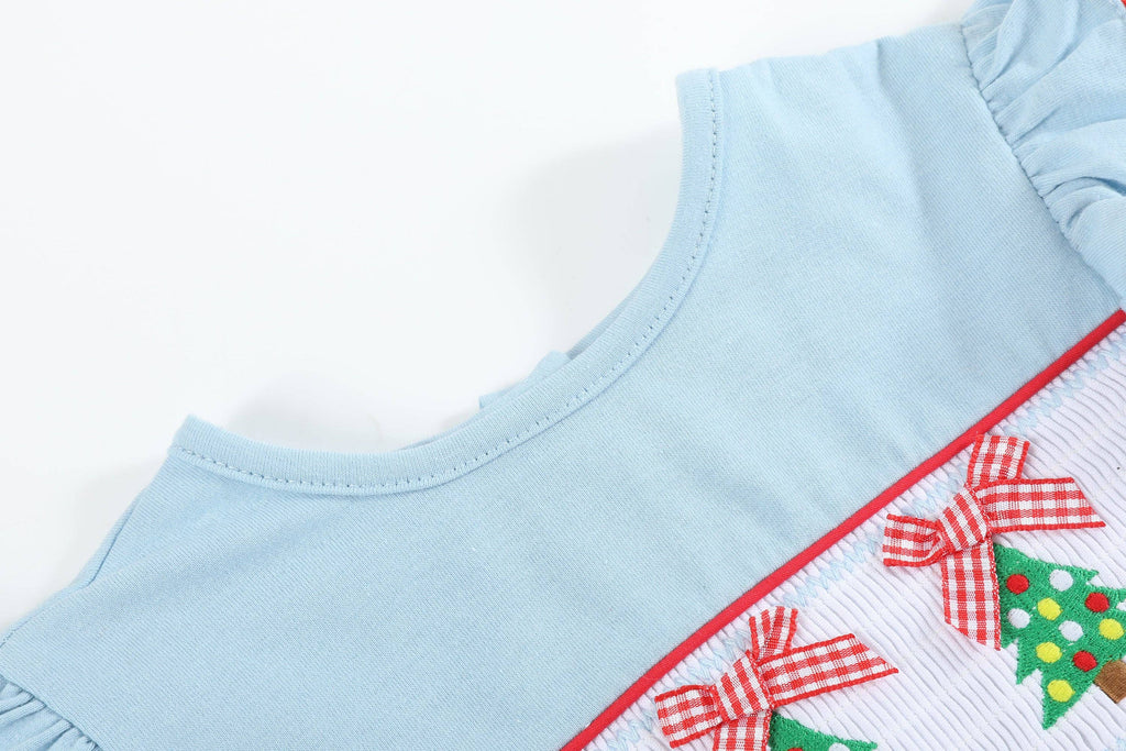 Light Blue Christmas Tree Smocked Knit Ruffle Romper