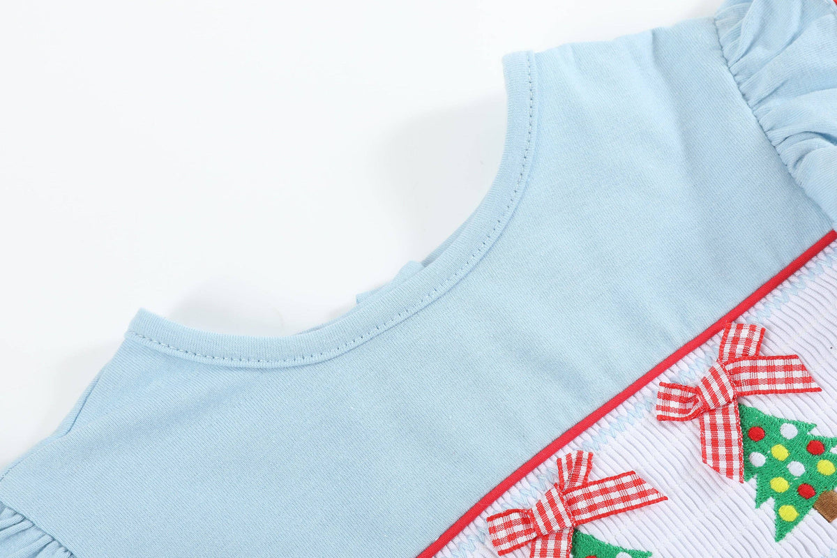 Light Blue Christmas Tree Smocked Knit Ruffle Romper