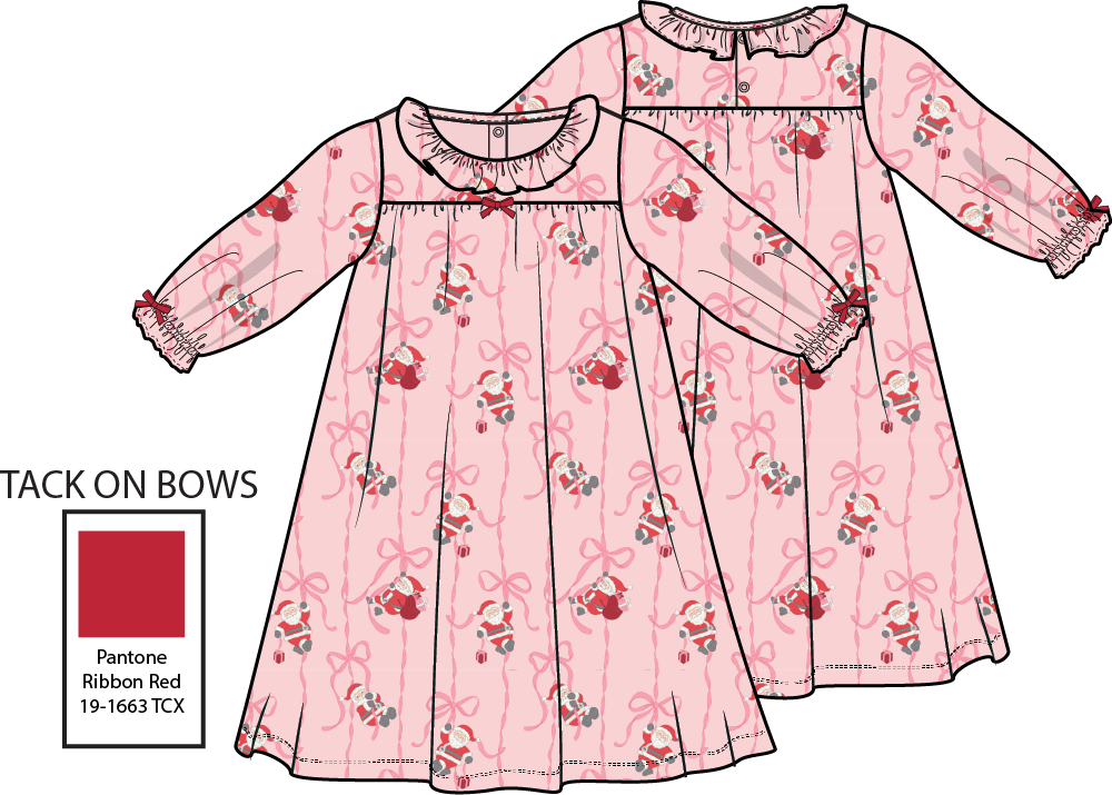 Bows & Santa - Long Sleeve Gown with Ruffle Collar