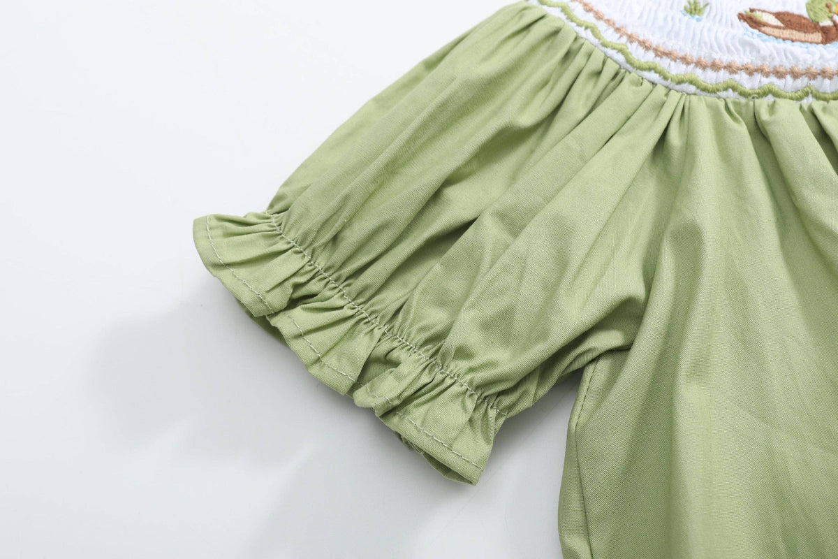 Pistachio Green Mallard Duck Smocked Bishop Dress
