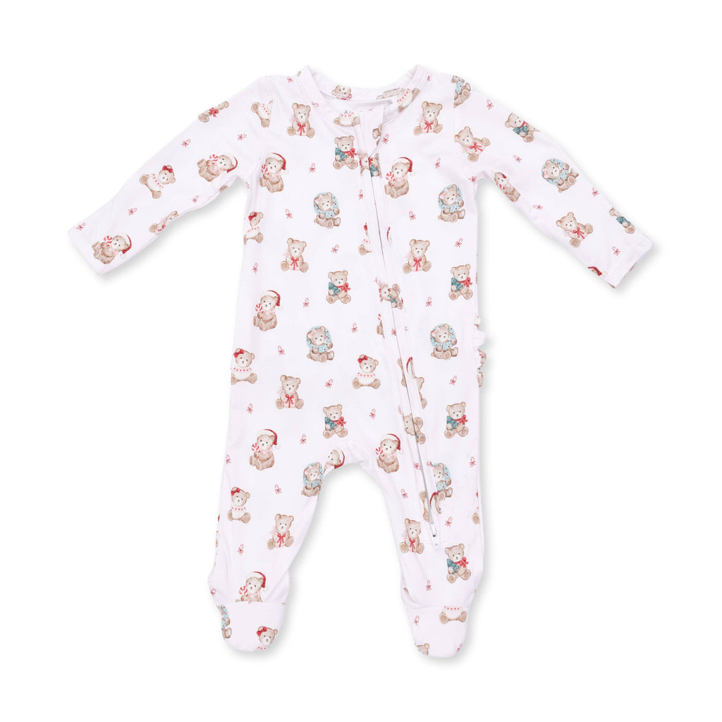 Christmas Teddy Bears Pink - 2 Way Ruffle Back Zipper Footie