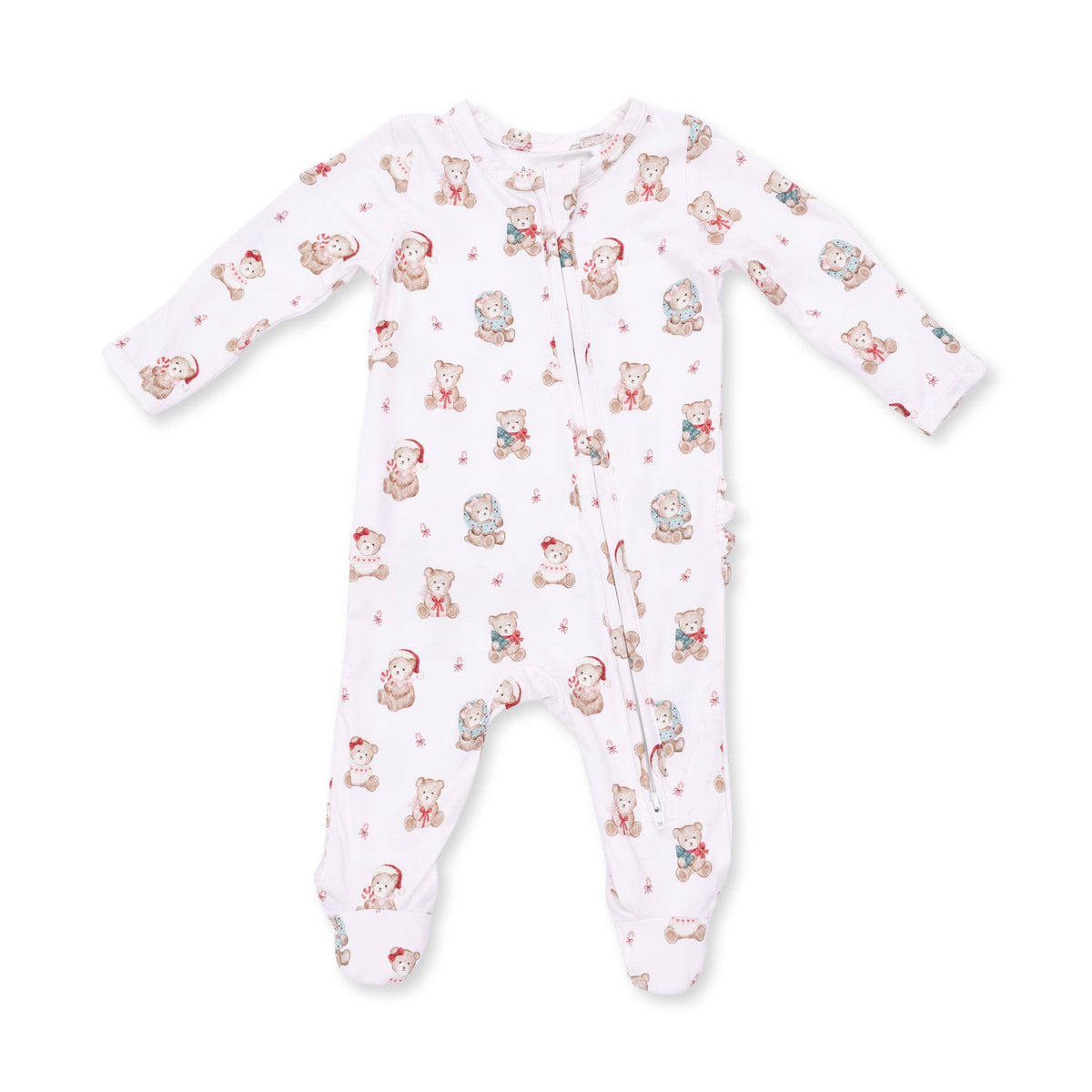 Christmas Teddy Bears Pink - 2 Way Ruffle Back Zipper Footie