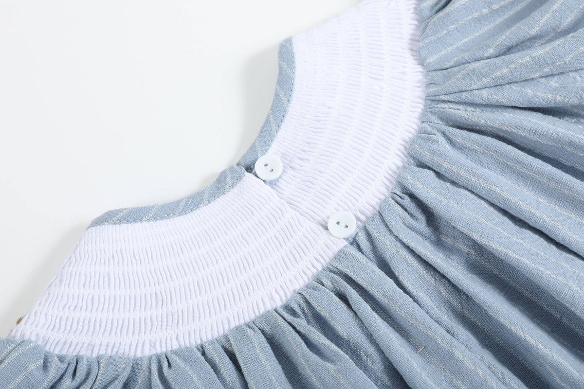 Light Blue Pinstripe Turkey Smocked Bishop Dress