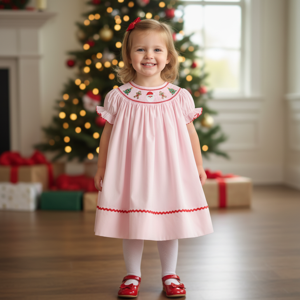 Pink Christmas Smocked Bishop Dress