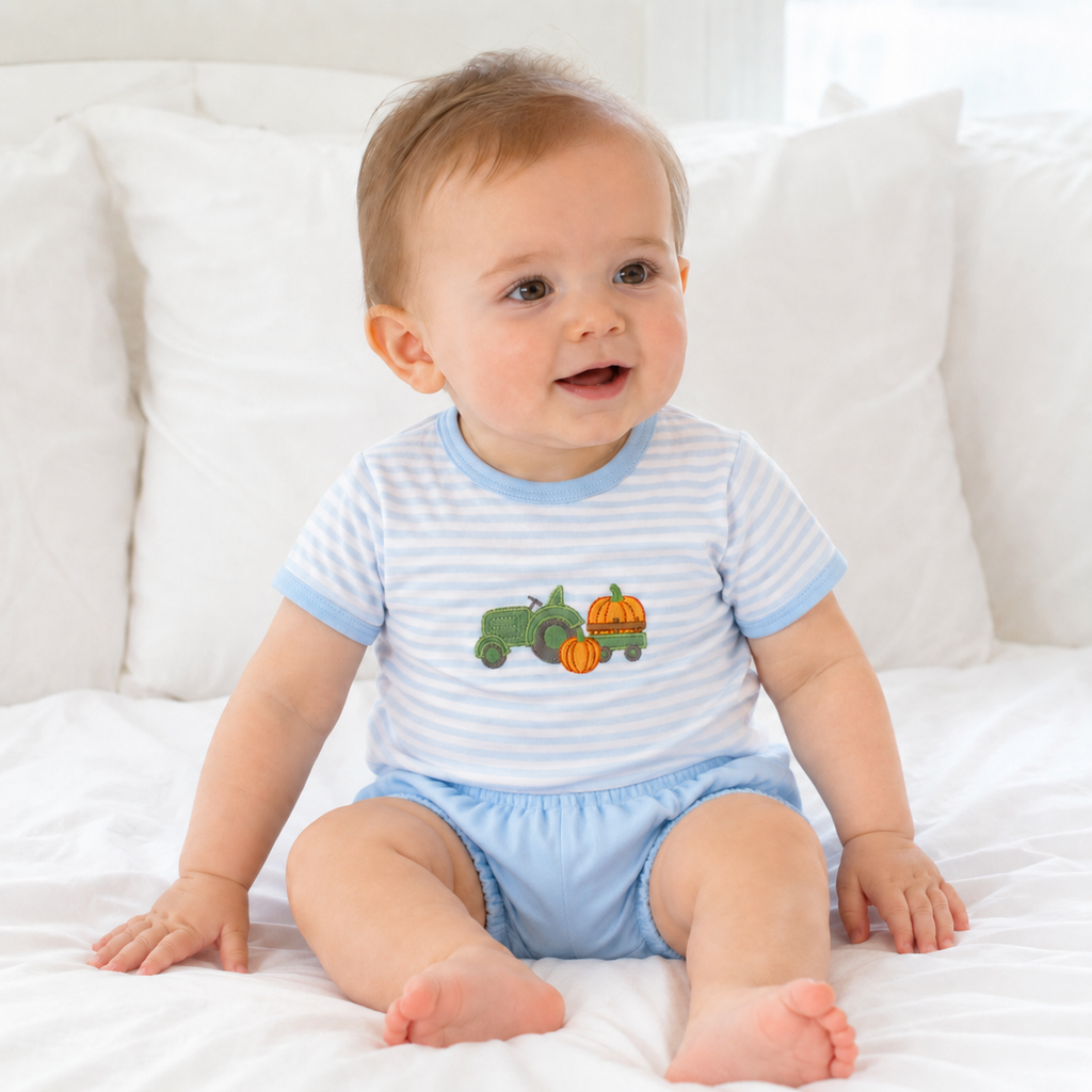 Pumpkin Tractor Applique Diaper Cover Set - Light Blue