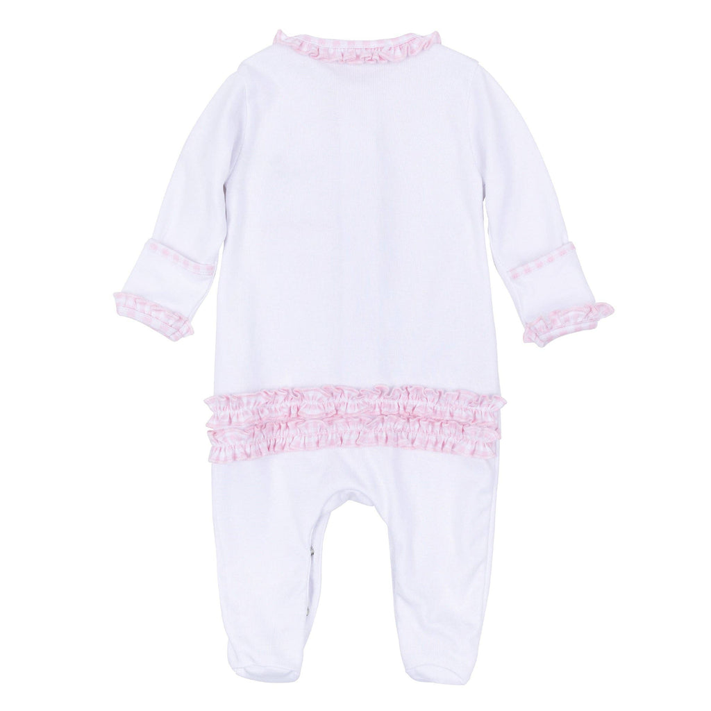 Sweet St Nick Applique Baby's First Christmas Ruffle Footie - Pink