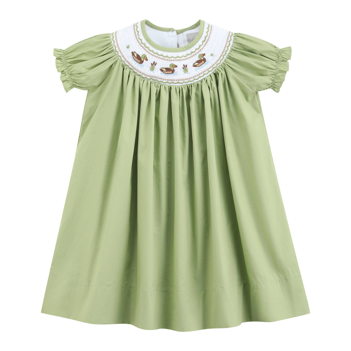 Pistachio Green Mallard Duck Smocked Bishop Dress