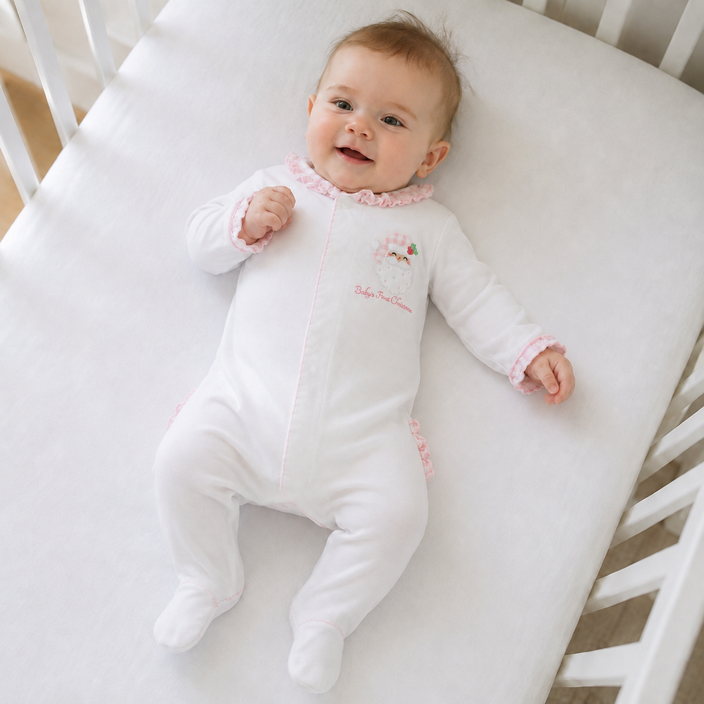 Sweet St Nick Applique Baby's First Christmas Ruffle Footie - Pink