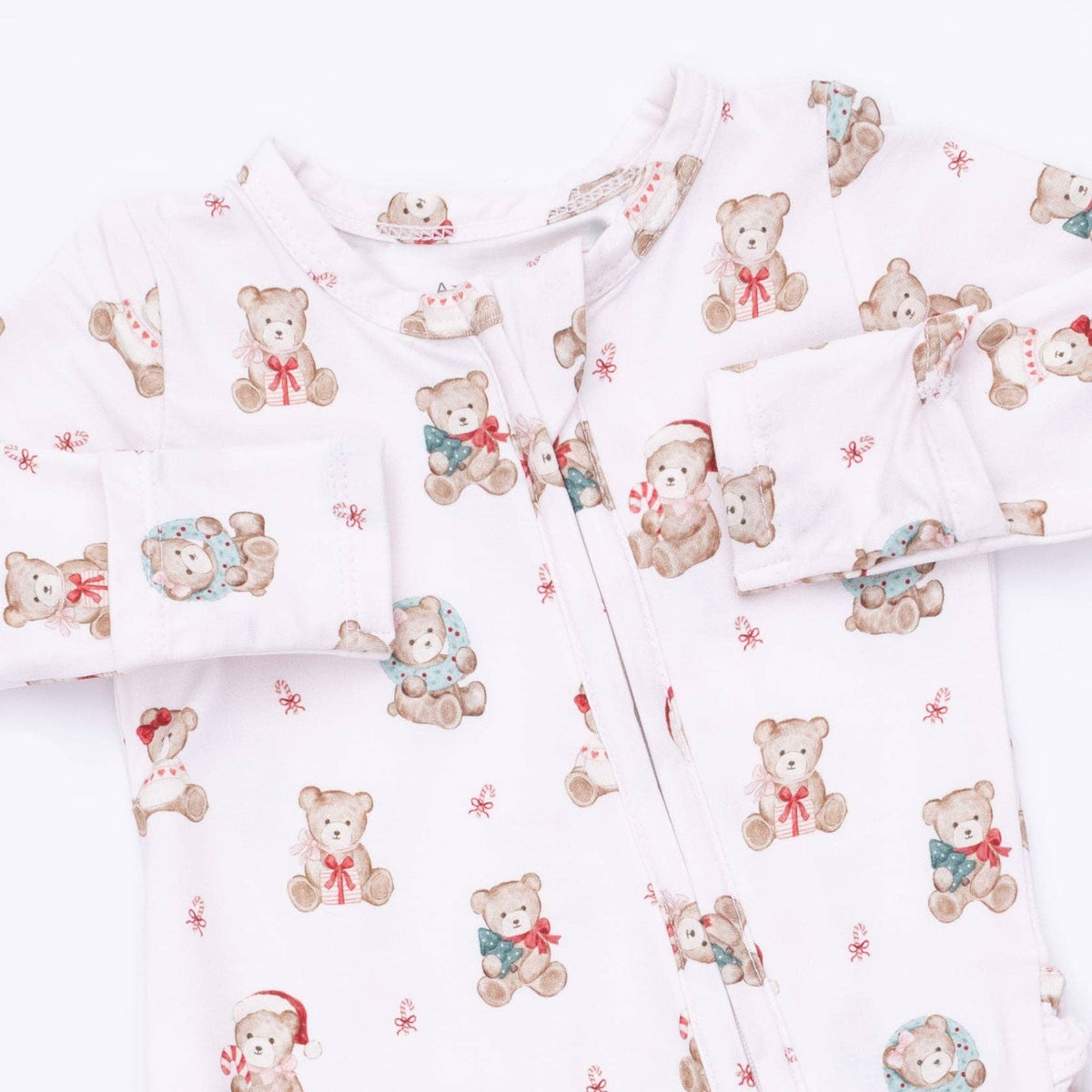 Christmas Teddy Bears Pink - 2 Way Ruffle Back Zipper Footie