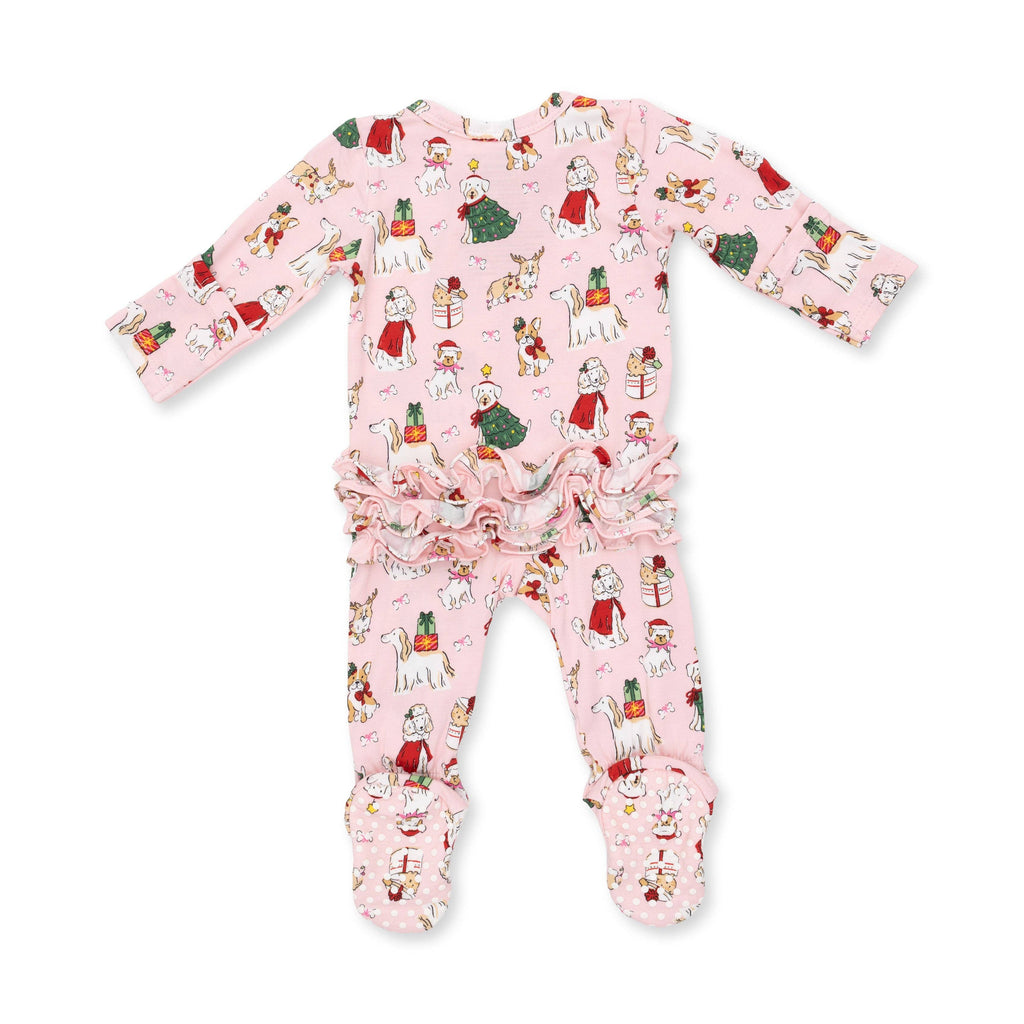 Christmas Dogs Pink - 2 Way Ruffle Back Zipper Footie
